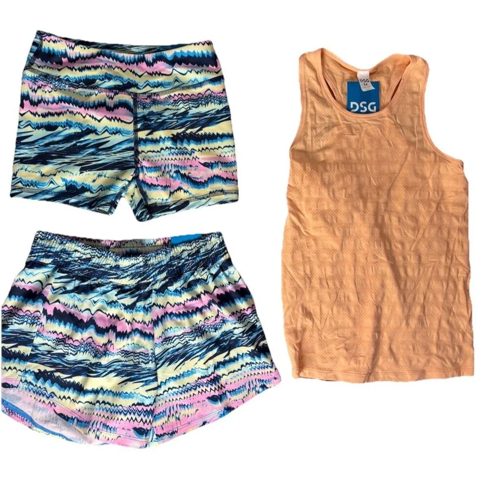 DSG Girls Medium Peach Mesh Tank & Multicolor Shorts 3 Piece Outfit Set